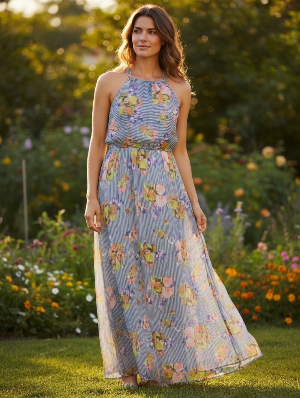 Striped Multicolor Blue Maxi Dress